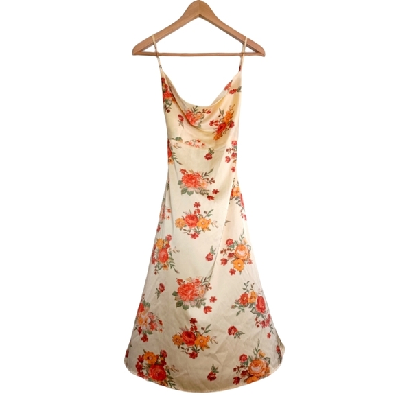 We Wore What Resort Sz S Babydoll Tie Back Golden Hour Floral Satin Midi Dress - Picture 1 of 16